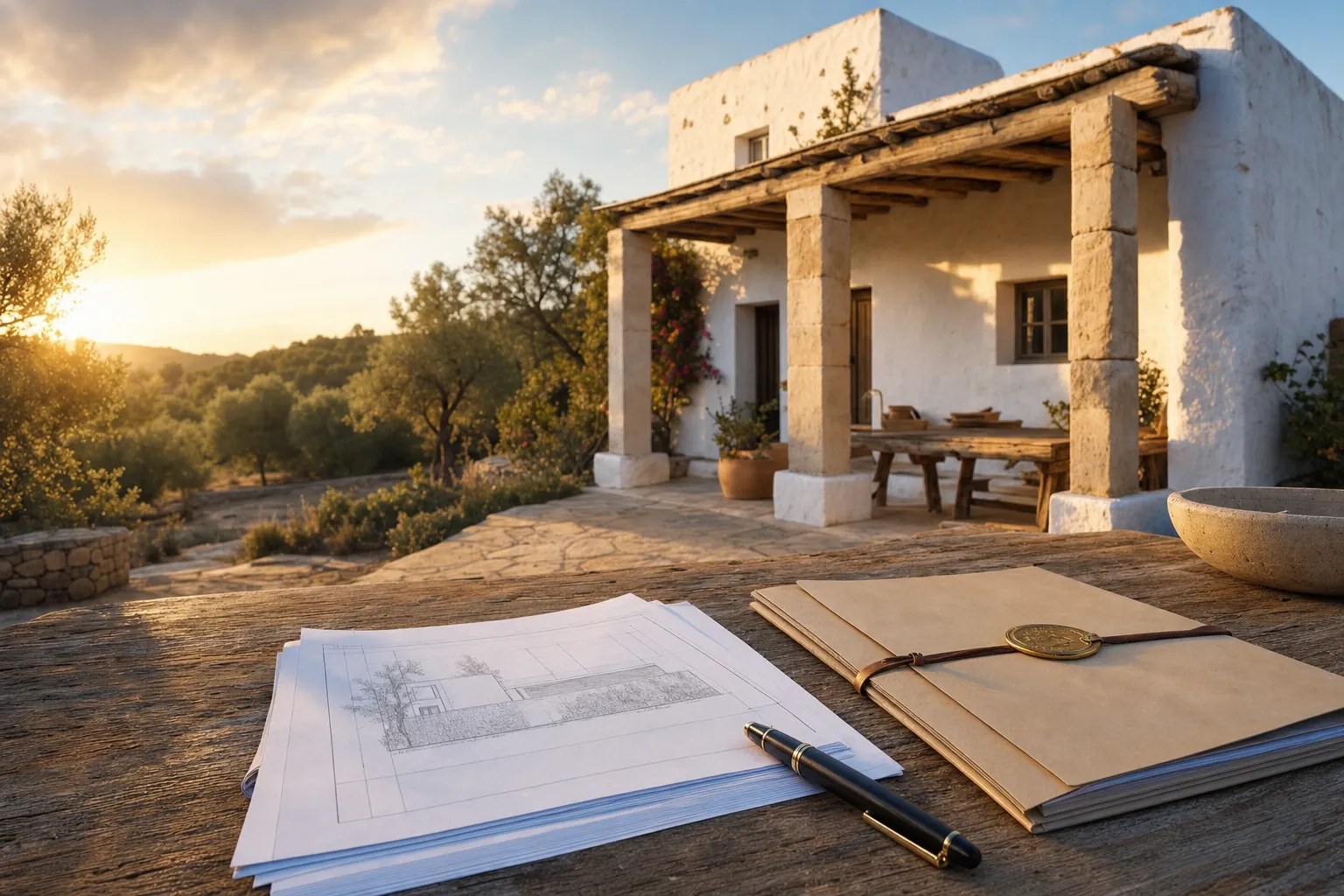 Traditional Ibiza rural finca with architectural plans and legal documents on wooden table at golden hour