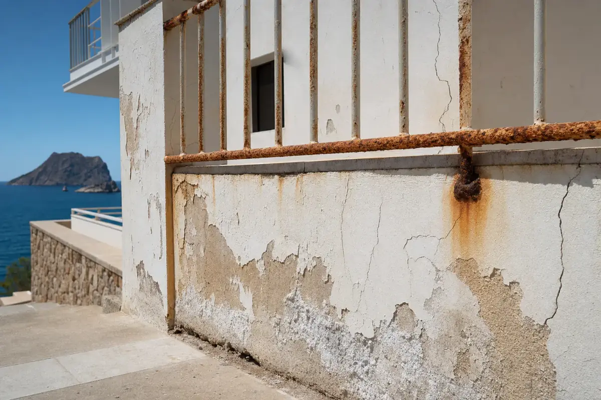 Coastal Ibiza villa with peeling paint, salt efflorescence, cracks and rusted railings