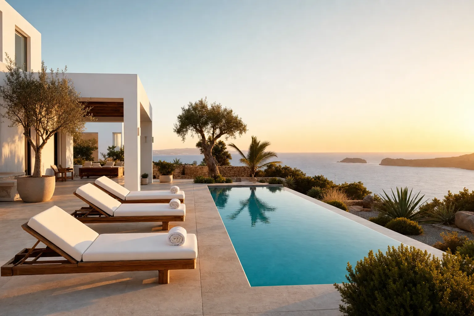 Premium Ibiza villa with infinity pool clean and ready for holiday rental at golden hour