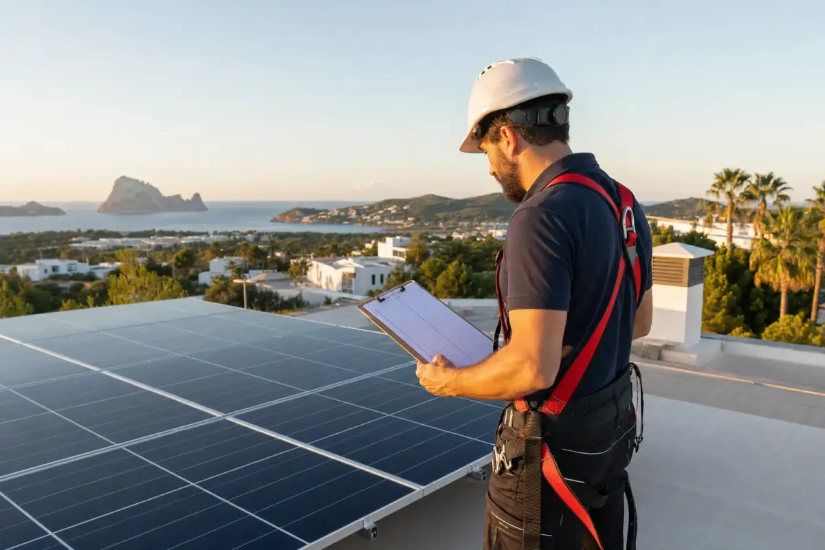 Solar installer in safety gear inspecting panels on an Ibiza villa rooftop