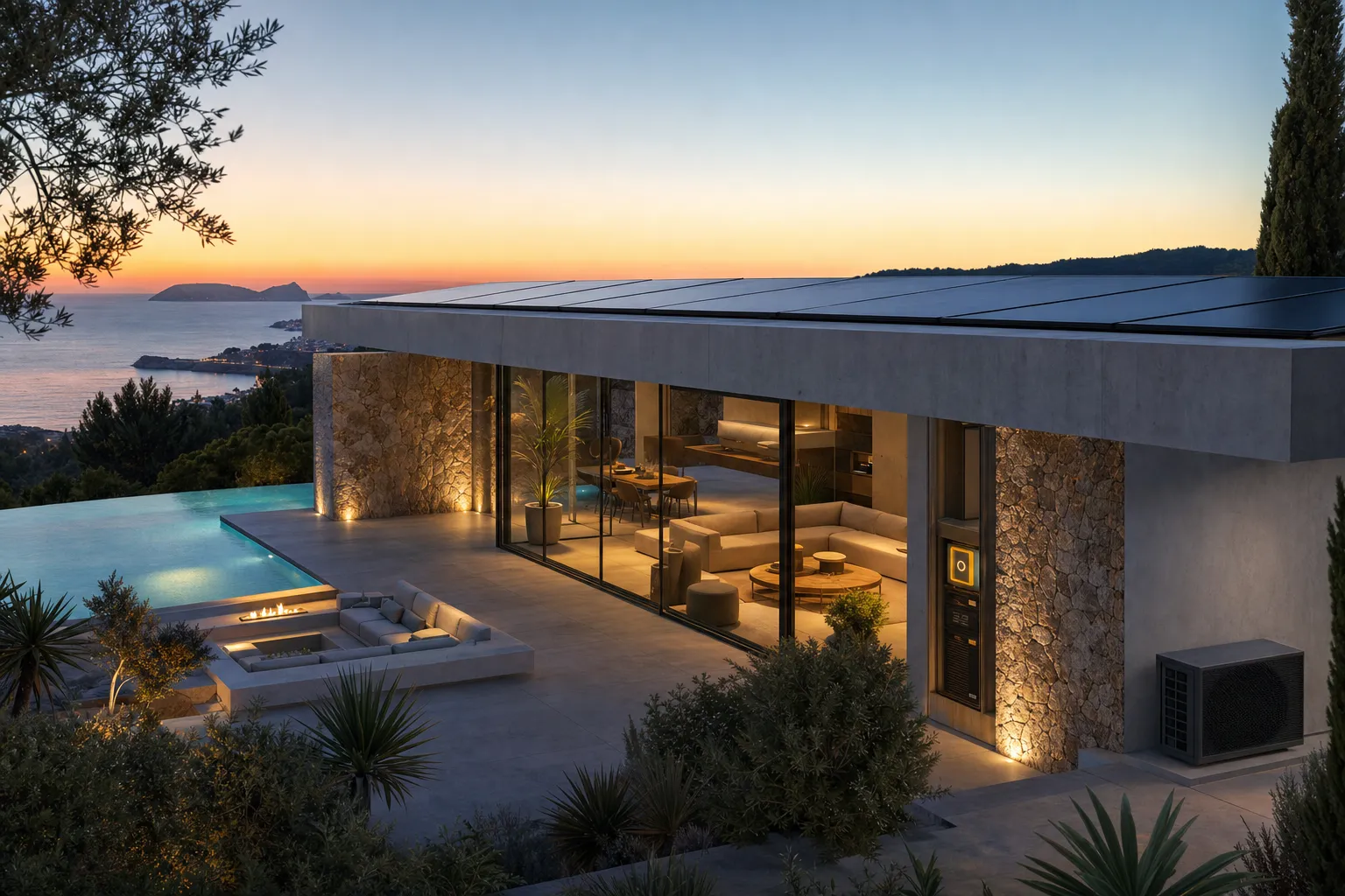 Luxury Ibiza villa at twilight with solar panels aerothermal unit and warm interior lighting