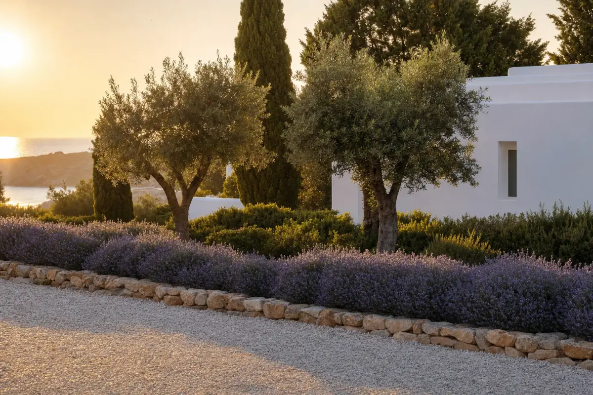Ibiza villa garden at golden hour with olive trees, lavender and gravel paths