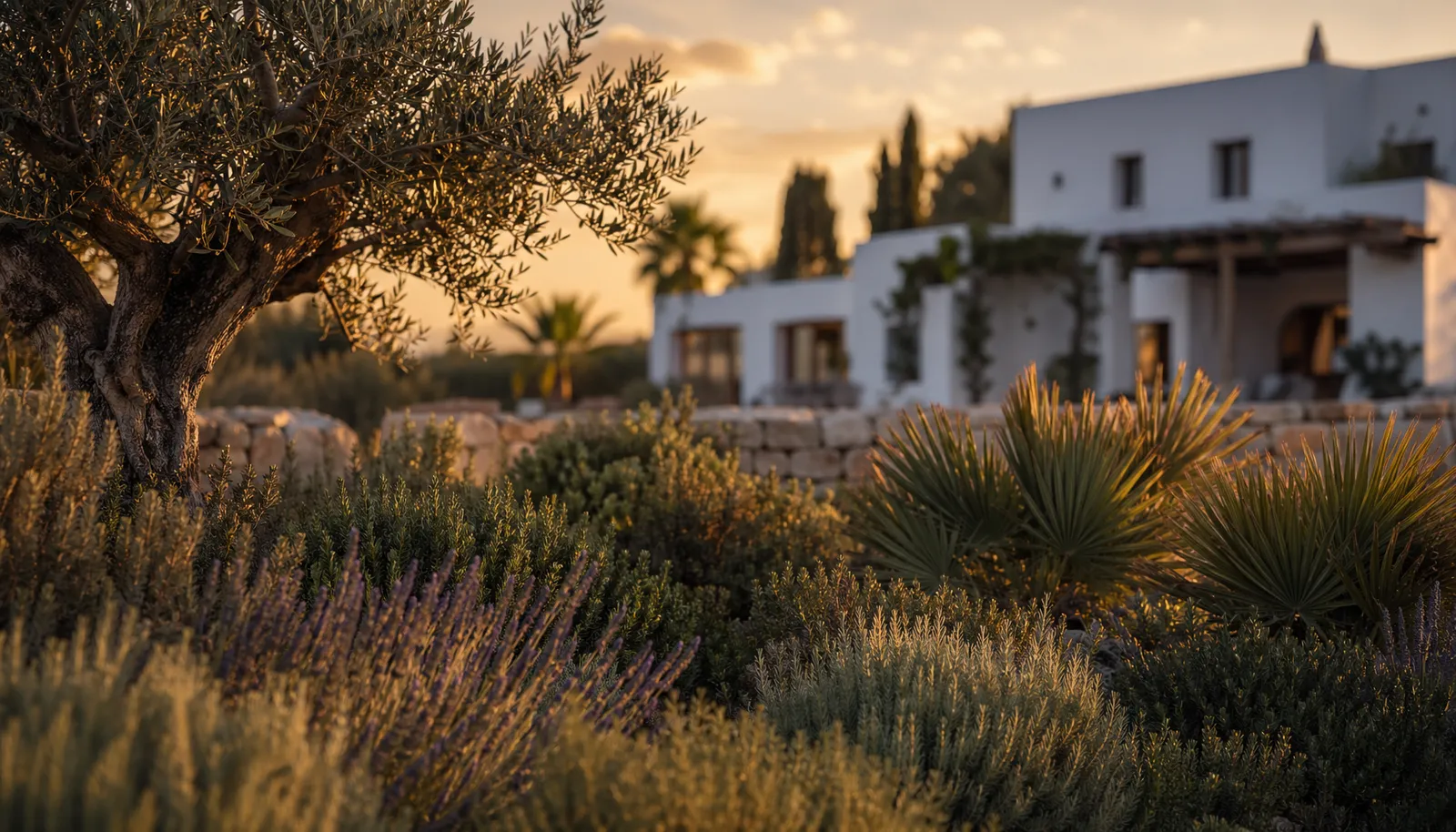 Ibiza villa with a Mediterranean garden of sabina, lentisc and rosemary at sunrise