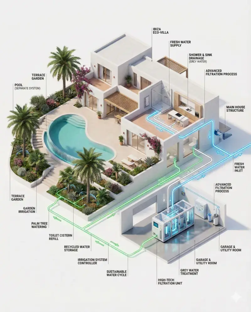 Réglementations sur l'Eau à Ibiza 2026 : Guide des Systèmes de Recyclage des Eaux Grises et Pluviales