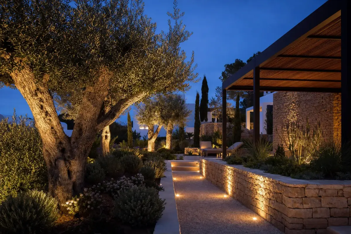 Ibiza villa garden at blue hour with layered lighting on olive trees, walls and paths
