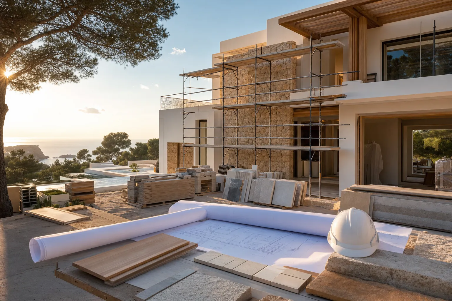 Luxury Ibiza villa under organized renovation at golden hour with scaffolding premium materials and architectural plans