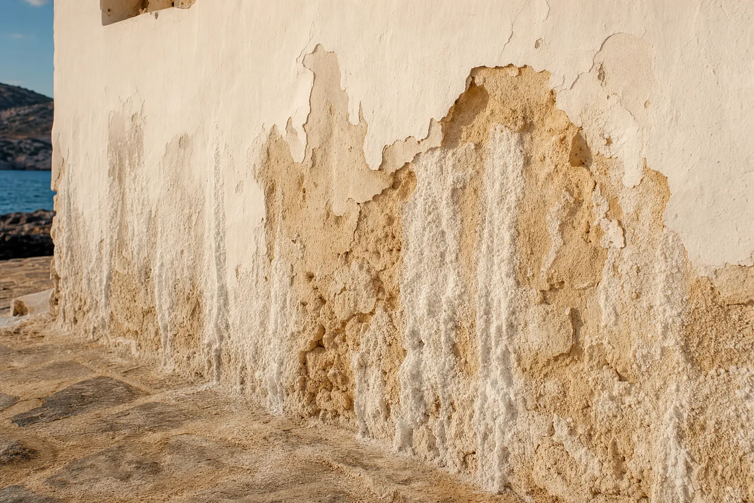 Macro detail of coastal Ibiza villa wall with severe salt efflorescence damage on lower section
