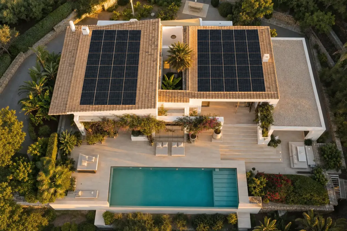 Aerial view of an Ibiza villa with solar panels on a south-facing sandwich roof