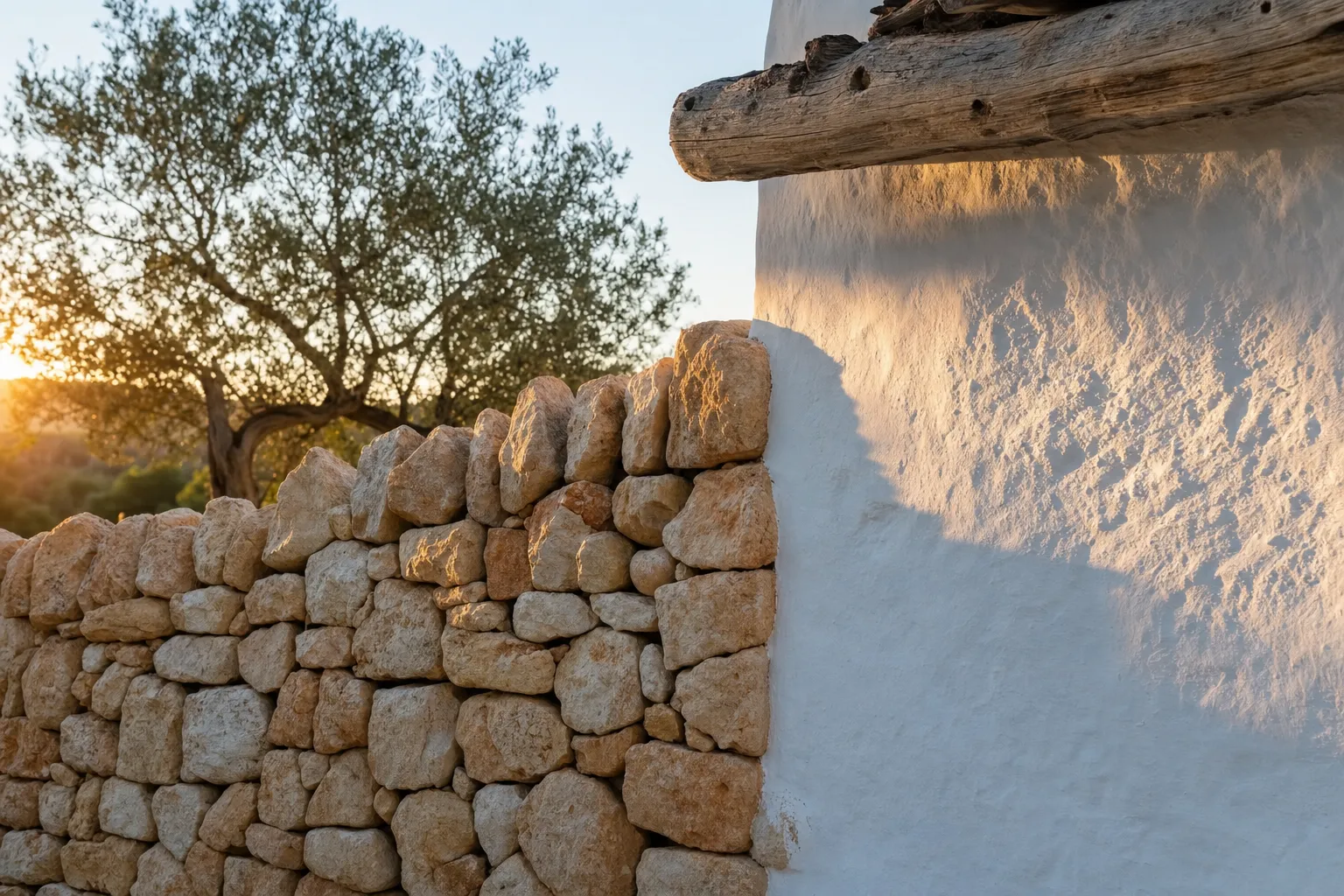 Traditionelle ibizenkische Finca mit weiß getünchter Kalkfassade, sichtbaren Sabina-Holzbalken und flachem Lehm-Kalk-Dach im goldenen Abendlicht