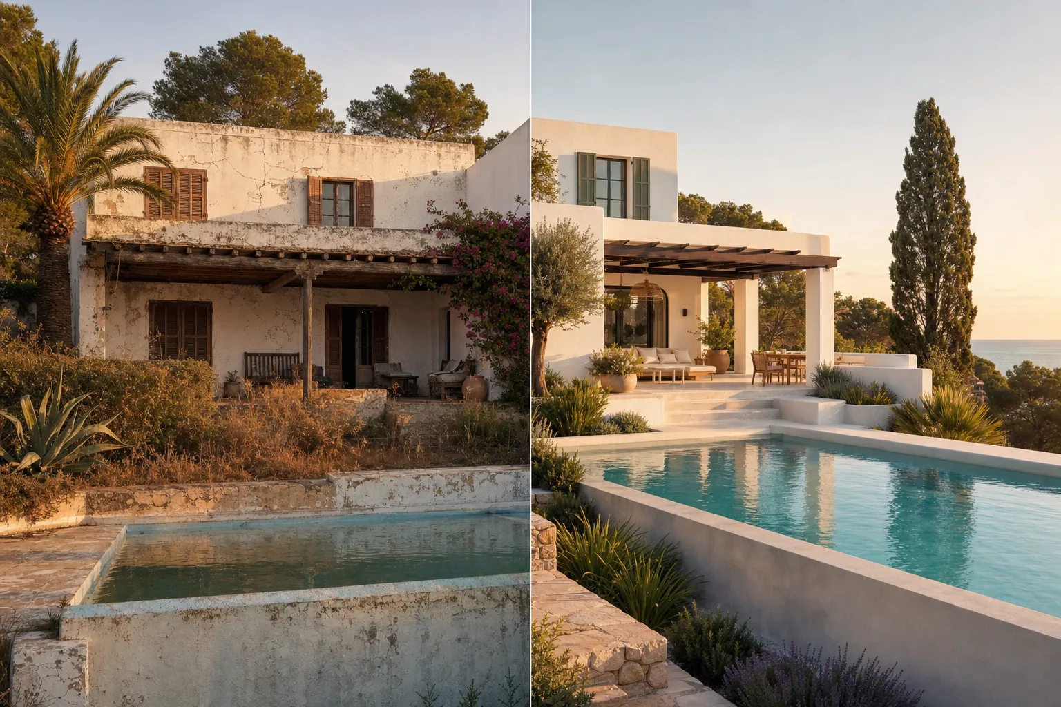 Before and after split image of luxury Ibiza villa renovation with dated 1990s state on left and premium restored state on right at golden hour