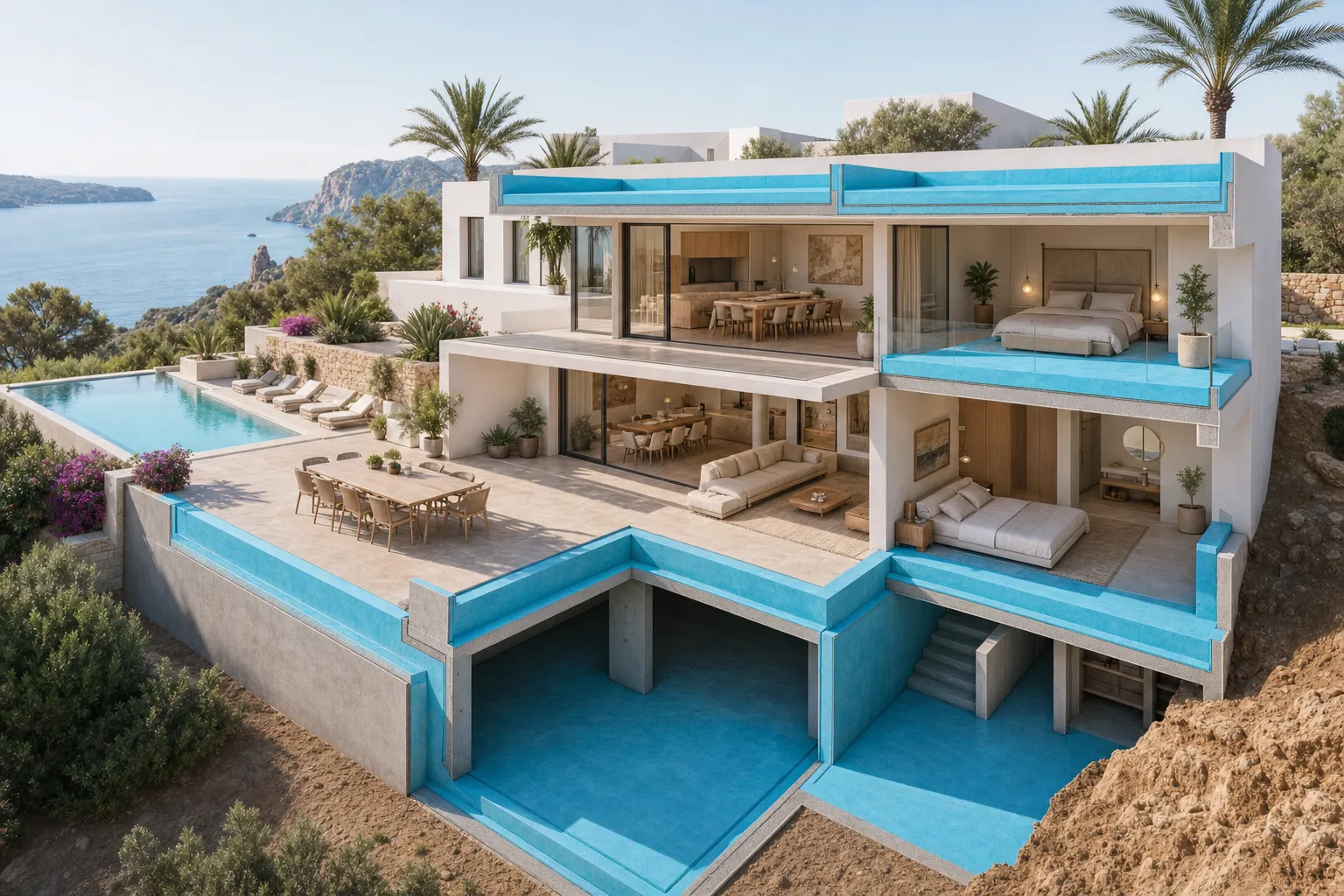 Cutaway architectural rendering of luxury Ibiza villa showing all waterproofing zones highlighted basement terraces balcony flat roof