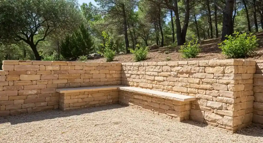 Zona exterior con muro de piedra y banco integrado en vivienda reformada en Ibiza | Reformas de casas en Ibiza