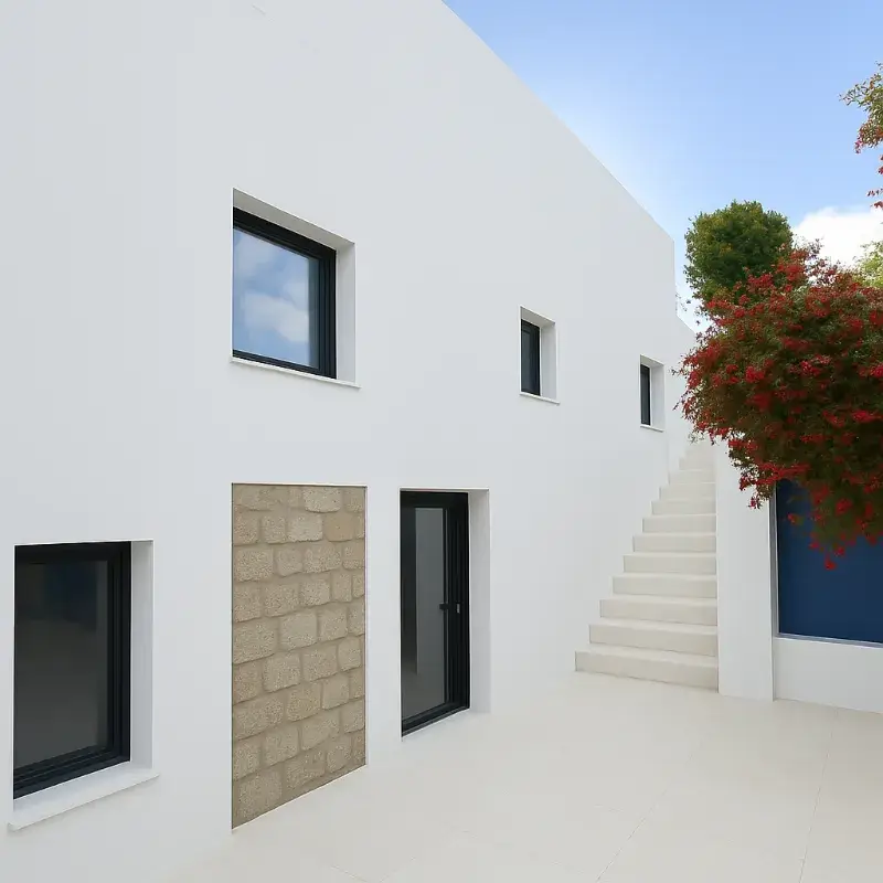 Fassadensanierung in Ibiza: Villa mit weißen Wänden, schwarzen Fenstern, Außentreppe und Steinverkleidung.