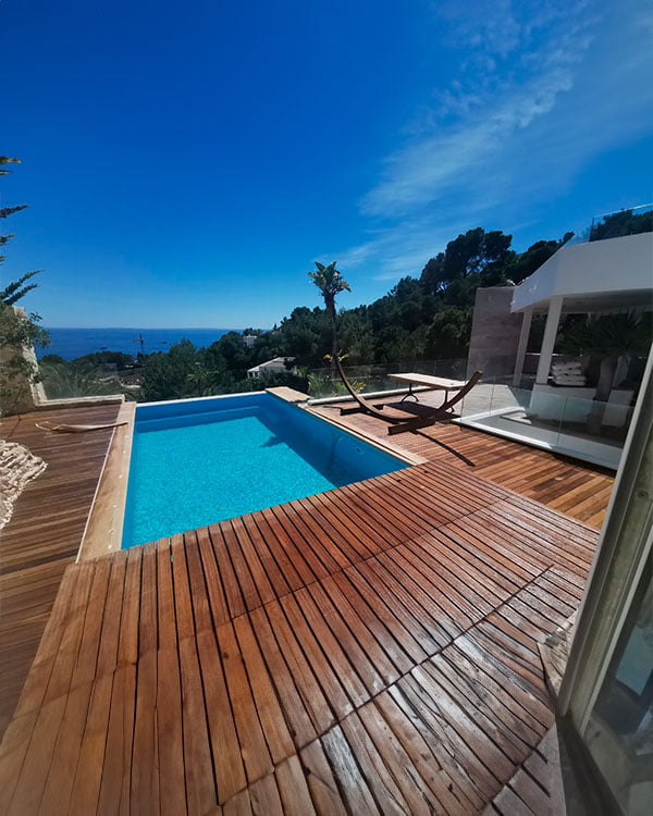 Renovated villa in Ibiza with private pool, wooden terrace, and panoramic views