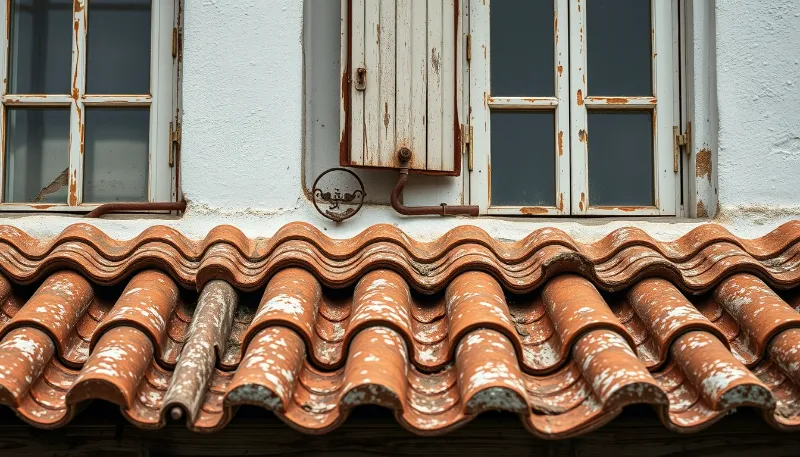 Aged roof tiles and weathered window frames on Ibiza holiday home