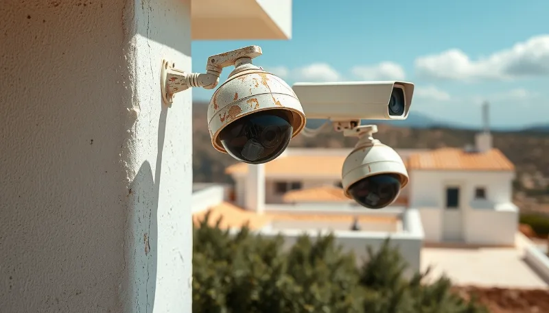 Security cameras installed on white villa in Ibiza with mountain backdrop