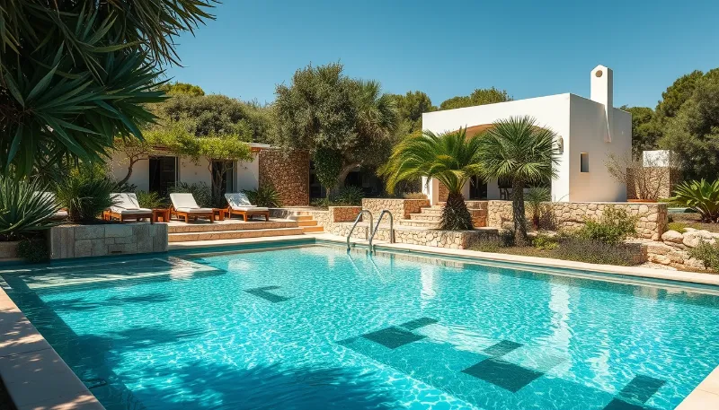 Clean swimming pool in an Ibiza villa surrounded by Mediterranean plants
