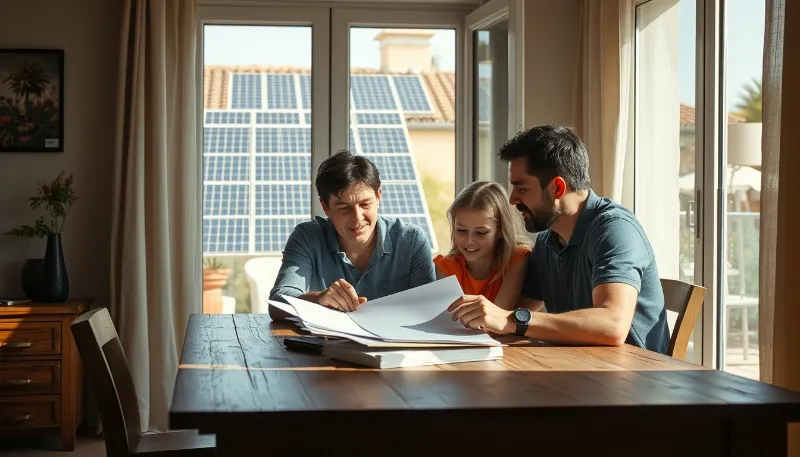 Family reviewing plans with solar panels visible through the window