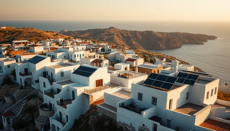 Casas blancas junto al mar equipadas con paneles solares