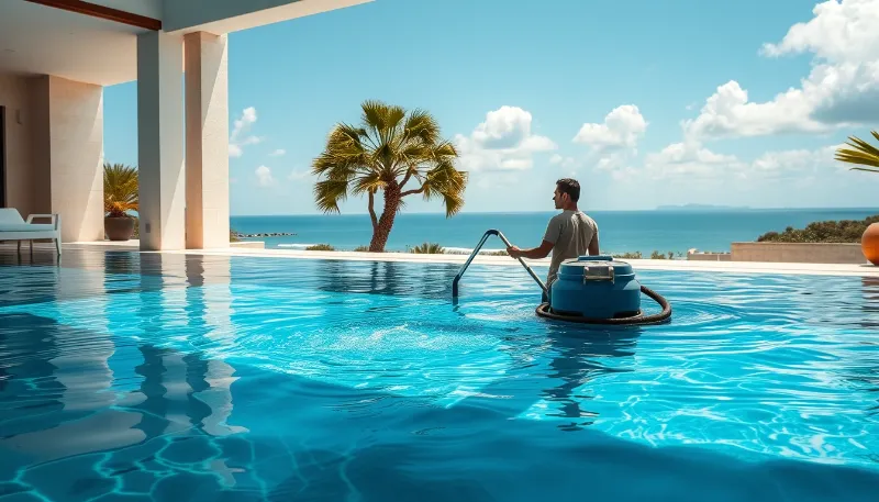 Piscina siendo limpiada en villa ibicenca con vistas al mar