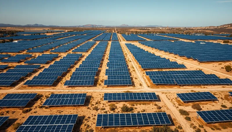 Aerial view of a massive solar panel field in Ibiza