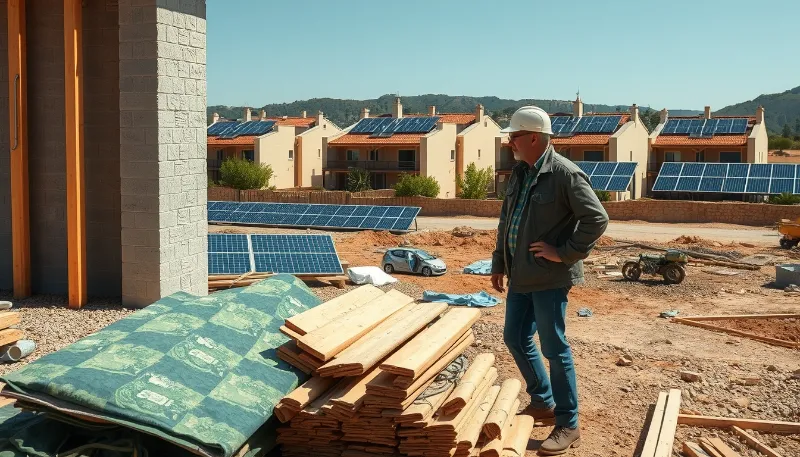 Construction worker overseeing building site with solar homes in background