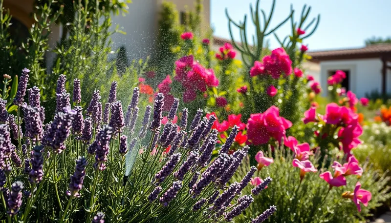 Jardín con flores regado por sistema automático en villa de Ibiza