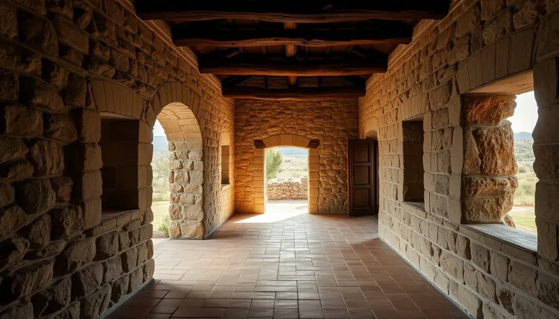 Arcos de piedra y pasillo rústico en finca tradicional de Ibiza