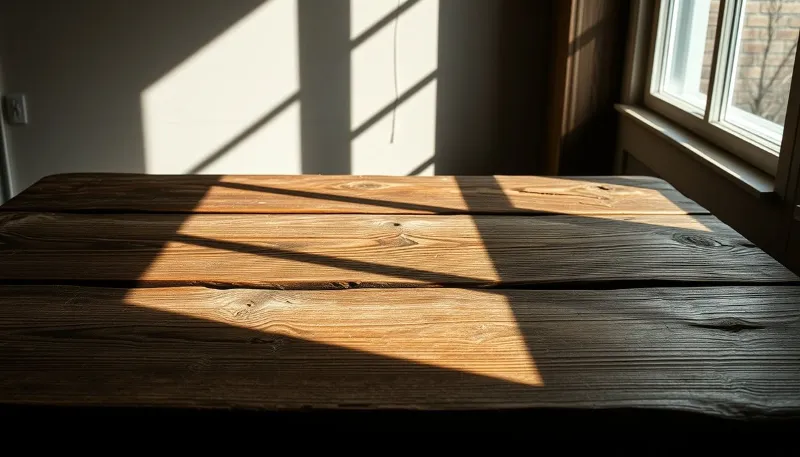 Mesa de madera iluminada por luz natural en finca renovada