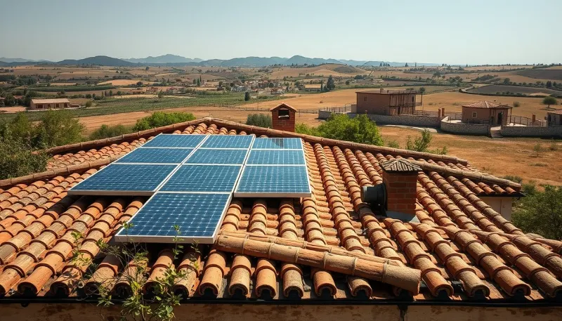 Paneles solares sobre tejado de tejas en finca ibicenca
