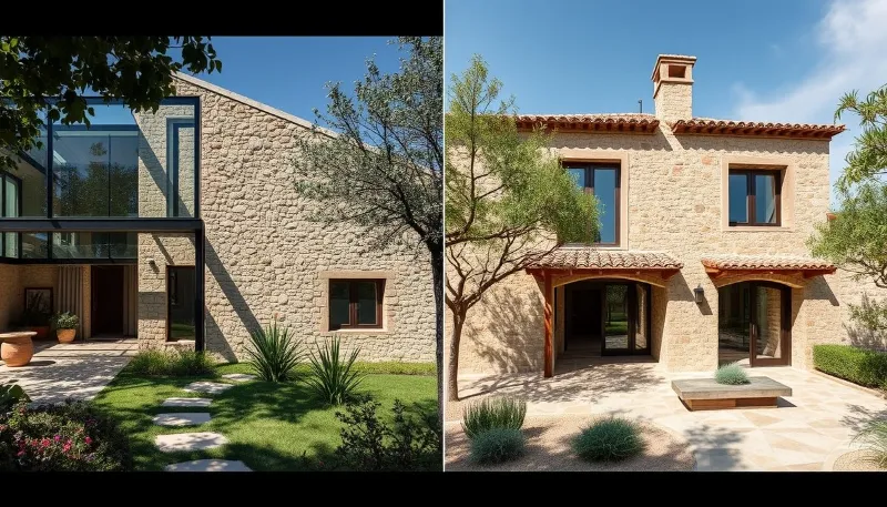 Finca de piedra renovada en Ibiza con elementos modernos de cristal y jardín ajardinado