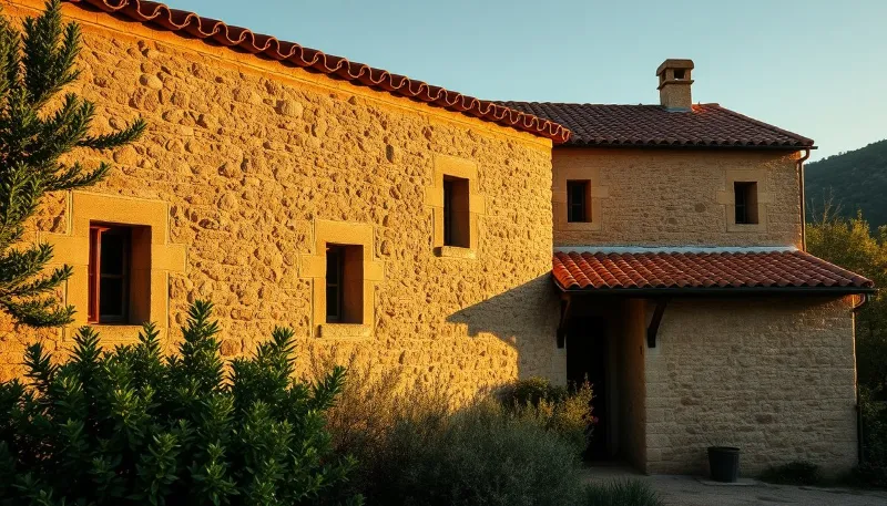Finca de piedra tradicional en Ibiza iluminada por el sol de la tarde