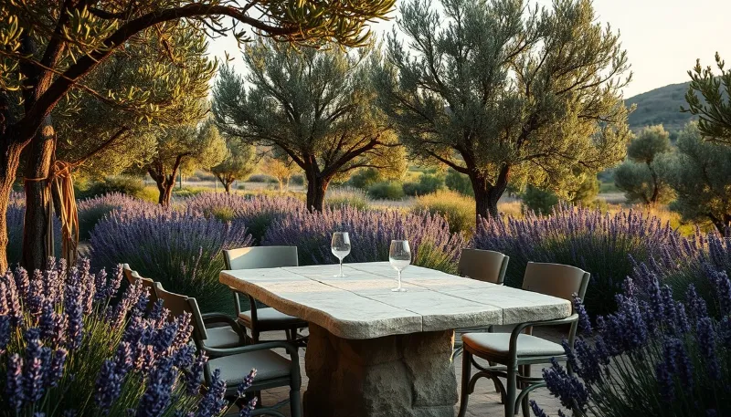 Stone dining table surrounded by lavender and olive trees in an Ibiza garden