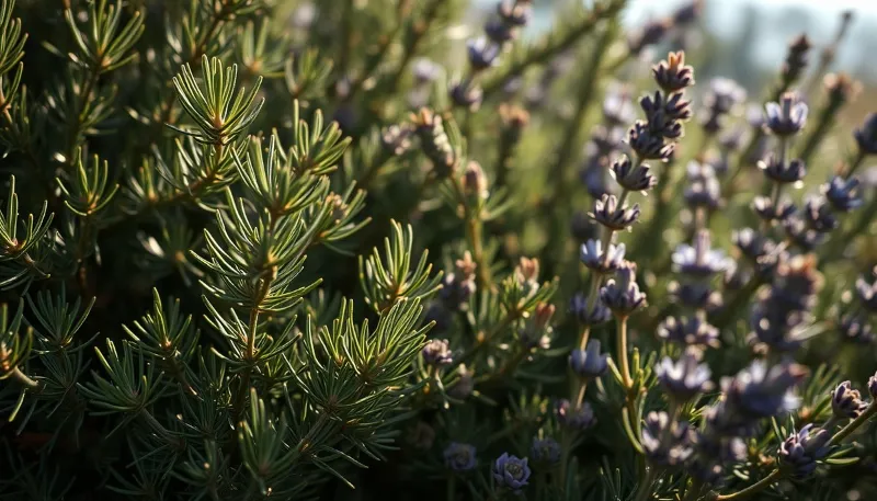 Primer plano de romero y lavanda en un jardín mediterráneo en Ibiza