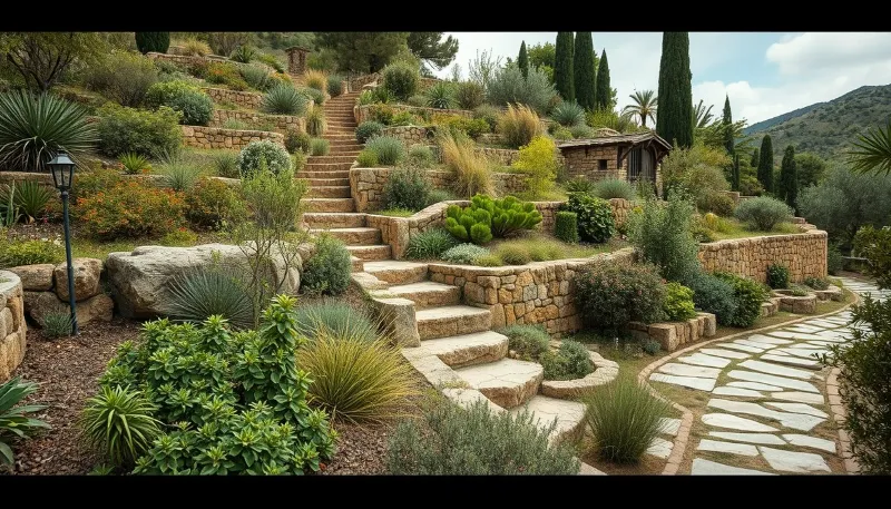 Mediterranean terraced garden with stone steps and lush landscaping in Ibiza