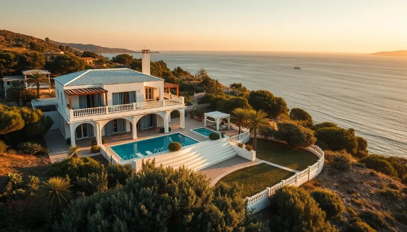 Villa de lujo en Ibiza con piscina y vistas al mar al atardecer