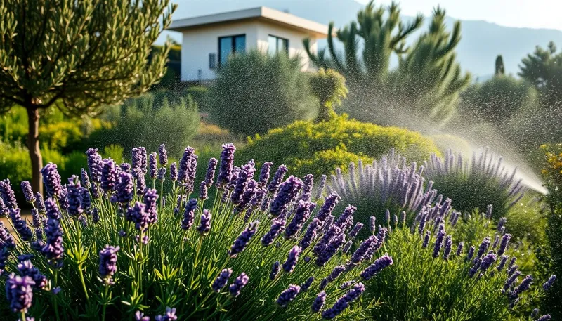 Riego de plantas autóctonas mediterráneas usando agua pluvial recolectada, mostrando jardín sostenible en Ibiza Sistemas de recogida y reutilización de aguas pluviales (2)