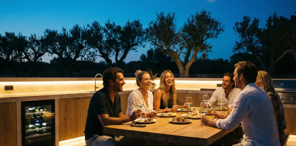 Grupo de amigos riendo y cenando de noche en una cocina exterior de lujo con acabados en madera y piedra, iluminada por tiras LED cálidas bajo la encimera y una nevera de vinos visible.