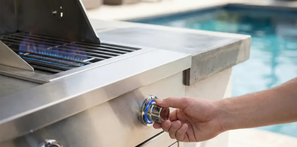 Primer plano de una mano ajustando el mando de una barbacoa de gas de acero inoxidable integrada en una encimera de hormigón, con una llama azul controlada visible y una piscina al fondo.