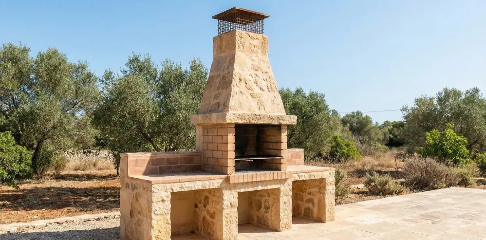 Traditional masonry barbecue built with stone and refractory brick, situated on a paved patio away from vegetation, featuring a tall chimney and a metal spark arrestor grid on top.