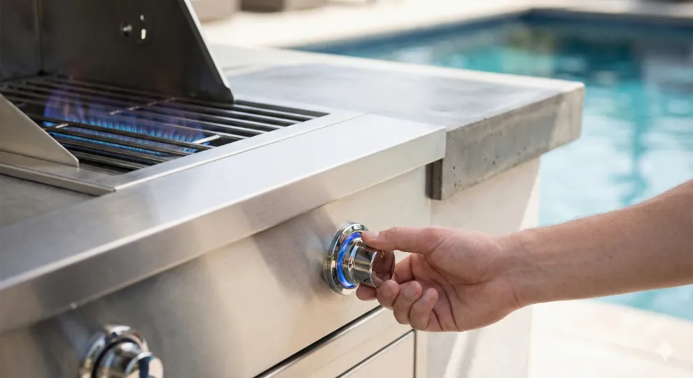 Close-up of a hand adjusting the knob of a built-in stainless steel gas grill on a concrete countertop, with a controlled blue flame visible and a swimming pool in the blurred background.