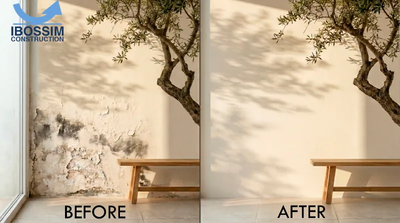 Before and after comparison of a wall treated for rising damp and saltpeter by Ibossim Construction.