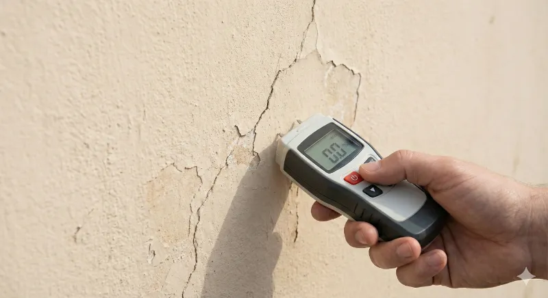 Primer plano de una pared interior blanca mostrando pintura desconchada, burbujas por eflorescencias salinas y manchas oscuras de humedad ascendente cerca del suelo.