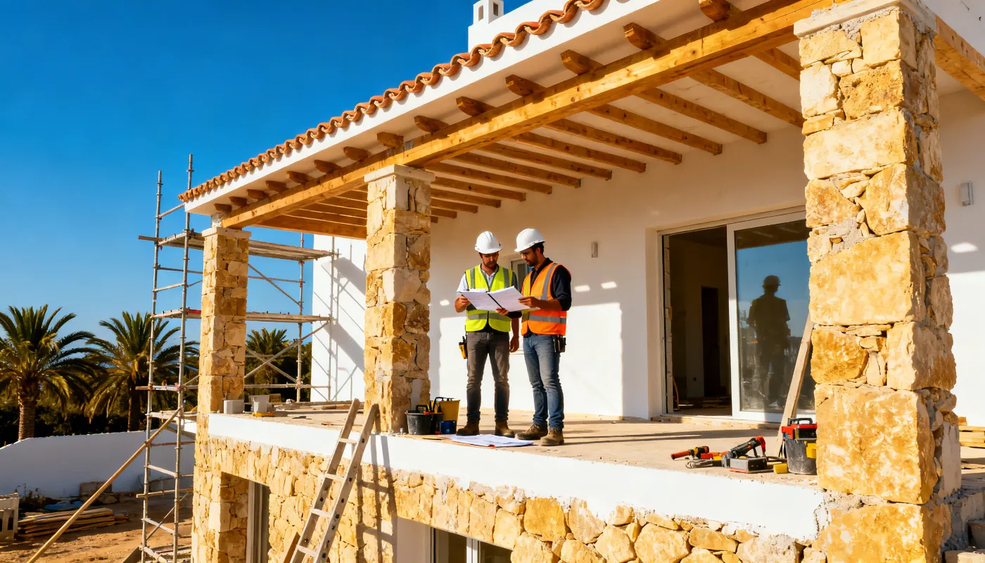 Arquitecto revisando licencias de obra en una obra de villa de lujo en Ibiza con muros de piedra mediterránea y cielo azul