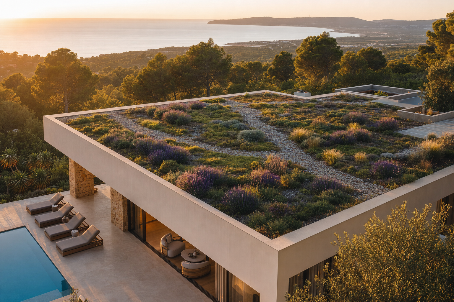 Modern Ibiza villa with installed green roof at sunrise with Mediterranean vegetation