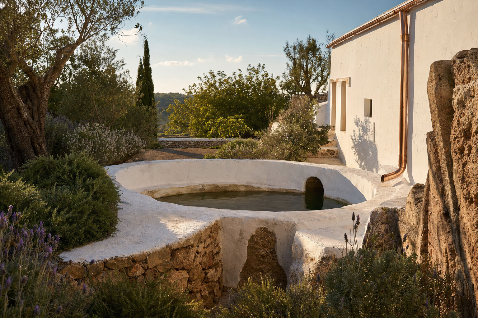 Restored traditional aljibe in Ibiza rural finca with native Mediterranean garden