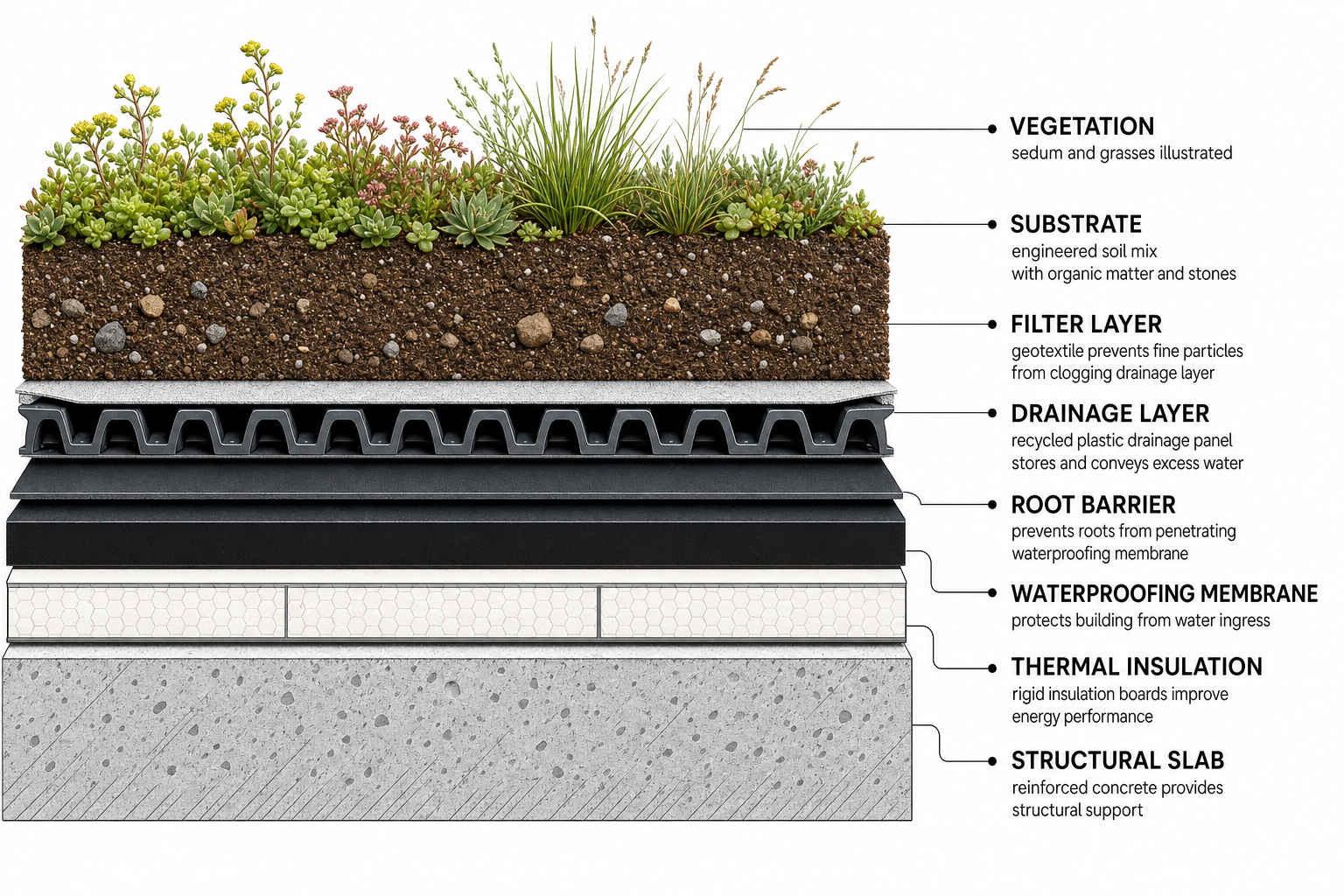 Green roof cross-section diagram showing all construction layers