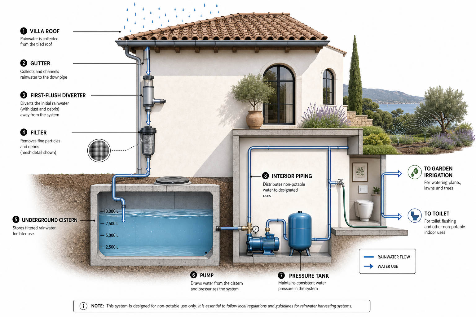 Complete rainwater harvesting and storage system cross-section diagram for Mediterranean villa